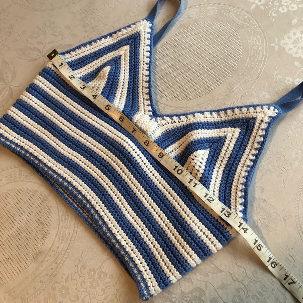 Hollister Blue/White Striped Crochet Knitted Crop Top Shirt Women’s Size S - Picture 11 of 16